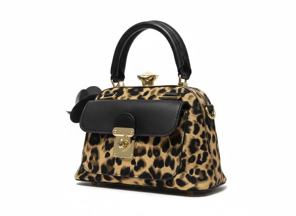 Leopard Print Handbag with Black Trim & Bow Detail